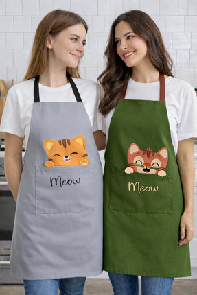 AYSHOME Ays Home Kedi Basklı Cepli 2'Li Mutfak Önlüğü Seti