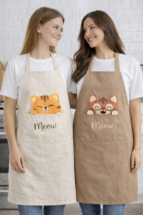 AYSHOME Ays Home Krem Taba Kedi Baskılı Cepli 2'Li Mutfak Önlüğü Seti