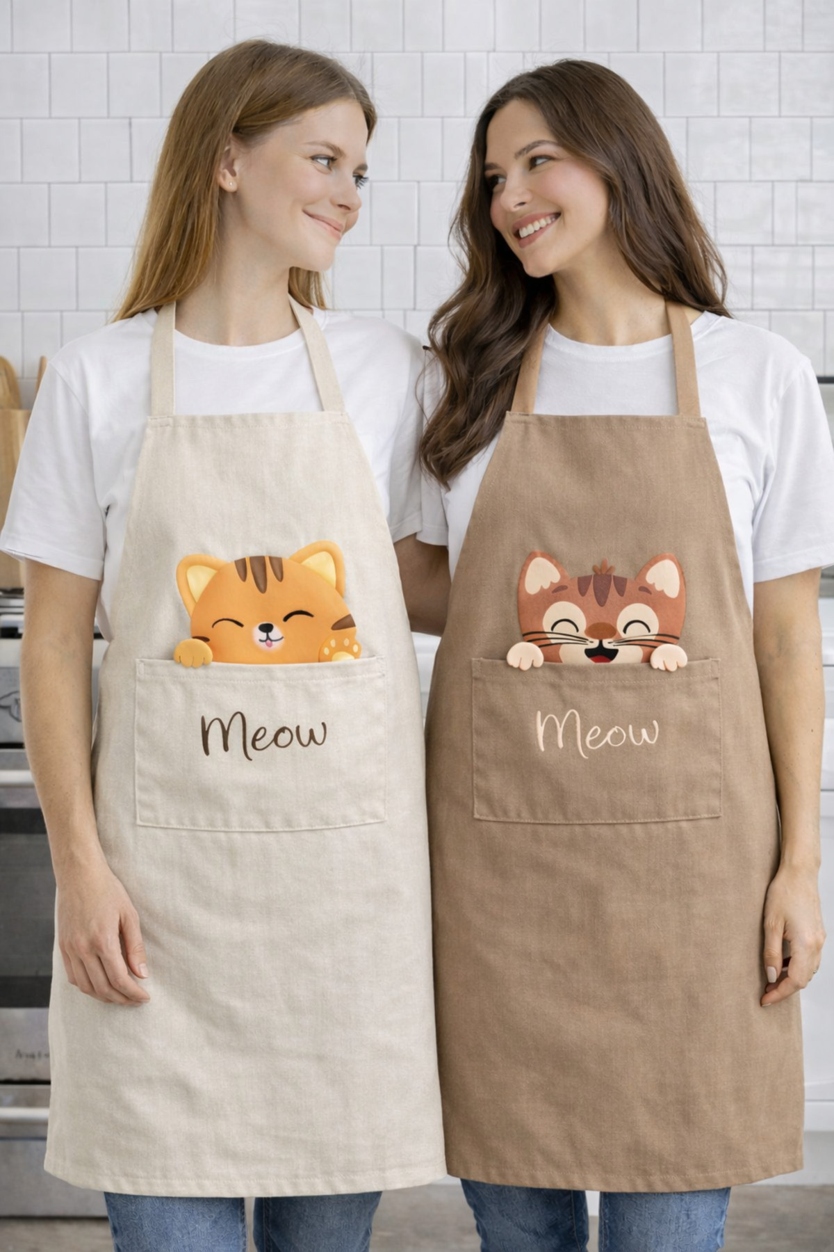 Ays Home Cream Tan Kitchen Apron Set of 2 with Cat Printed Pockets