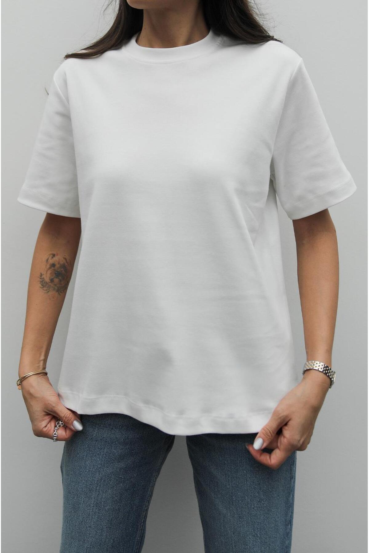 Havoş  Ekru %100 Pamuk Bisiklet Yaka Tişört - Görsel 4