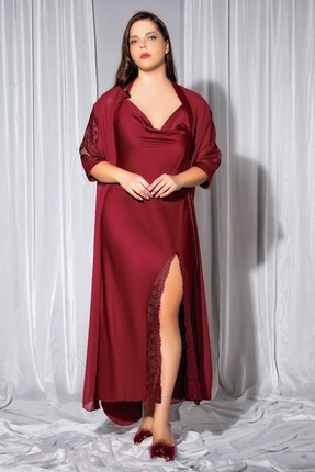 euro click Dantel Yırtmaç Detaylı Bordo Saten Uzun Gecelik & Sabahlık Takımı