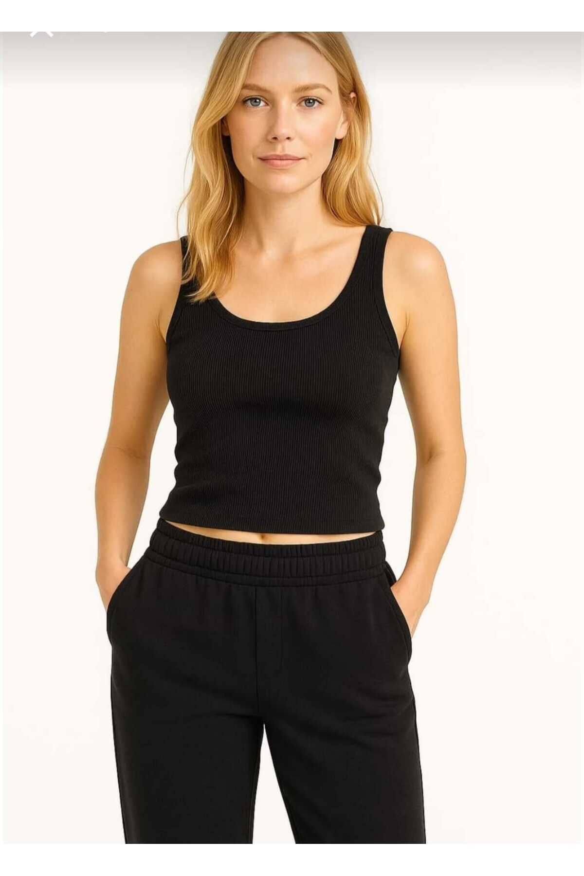 Genel Markalar siyah slim fit yeni tarz dar kesim düz yuvarlak yaka fitilli kaşkorse crop atlet