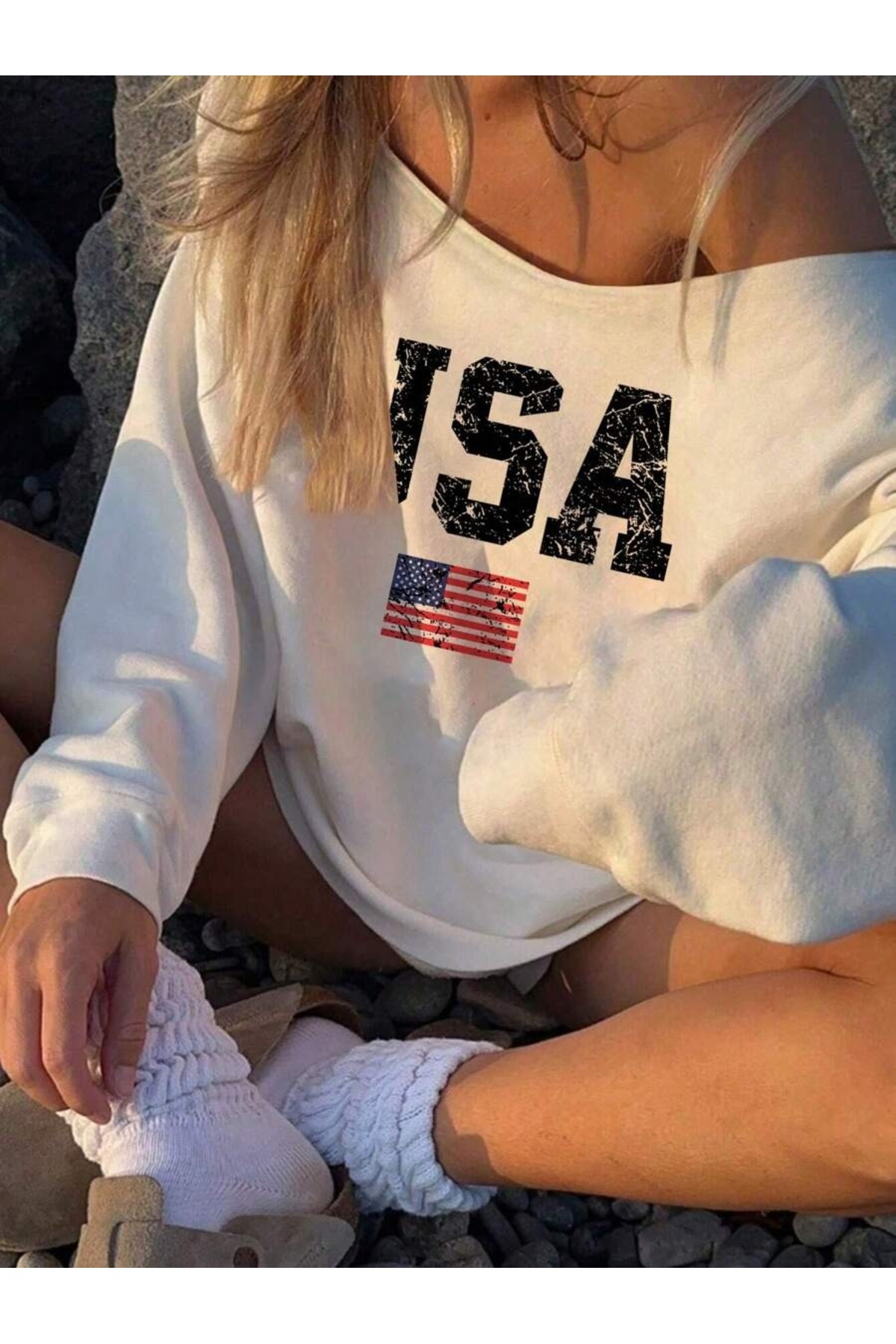 OVER HEAD Kadın Usa Bayrak Baskılı Kayık Yaka Oversize Sweatshirt