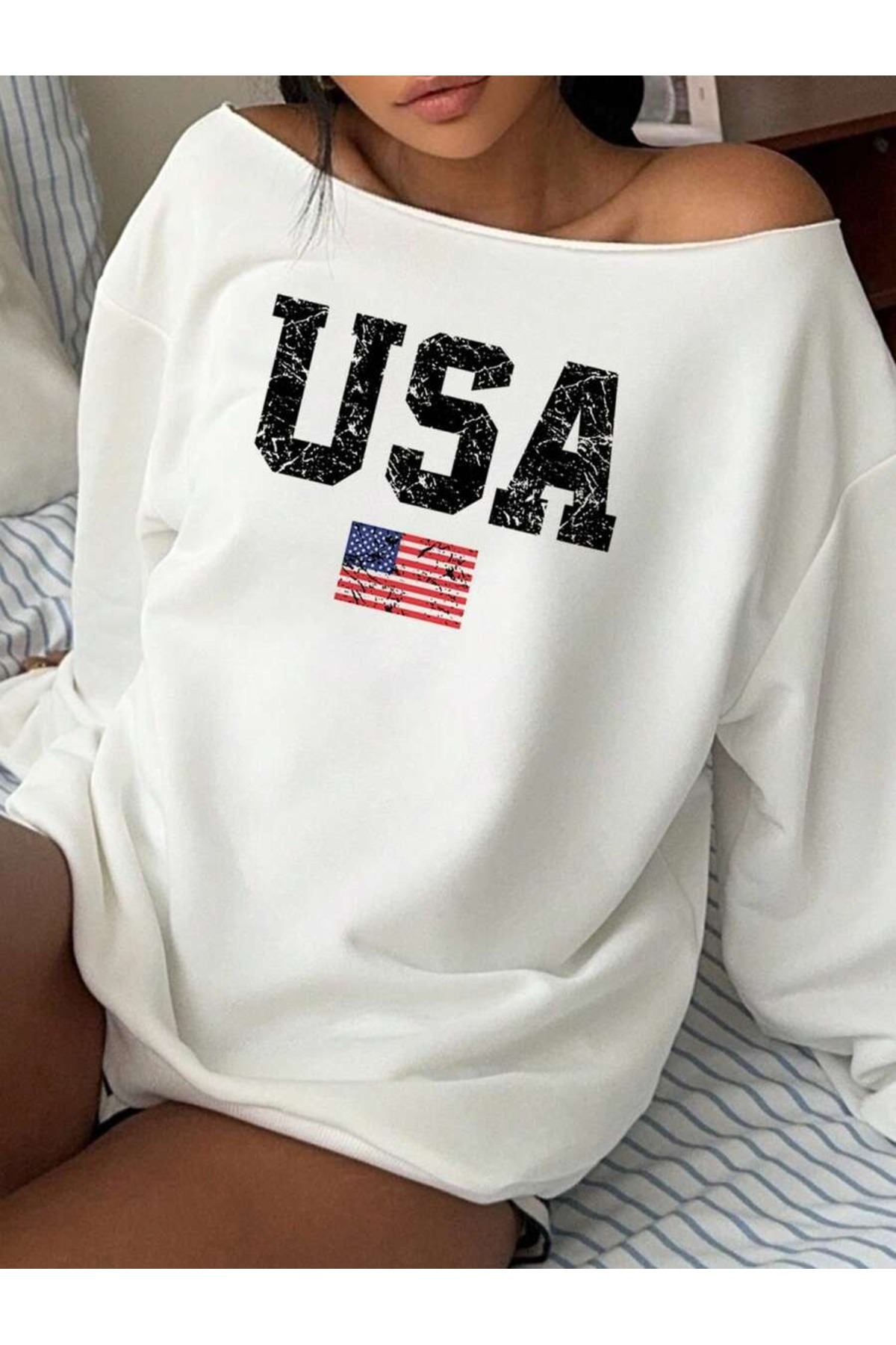 OVER HEAD Kadın Usa Bayrak Baskılı Kayık Yaka Oversize Sweatshirt görsel 5