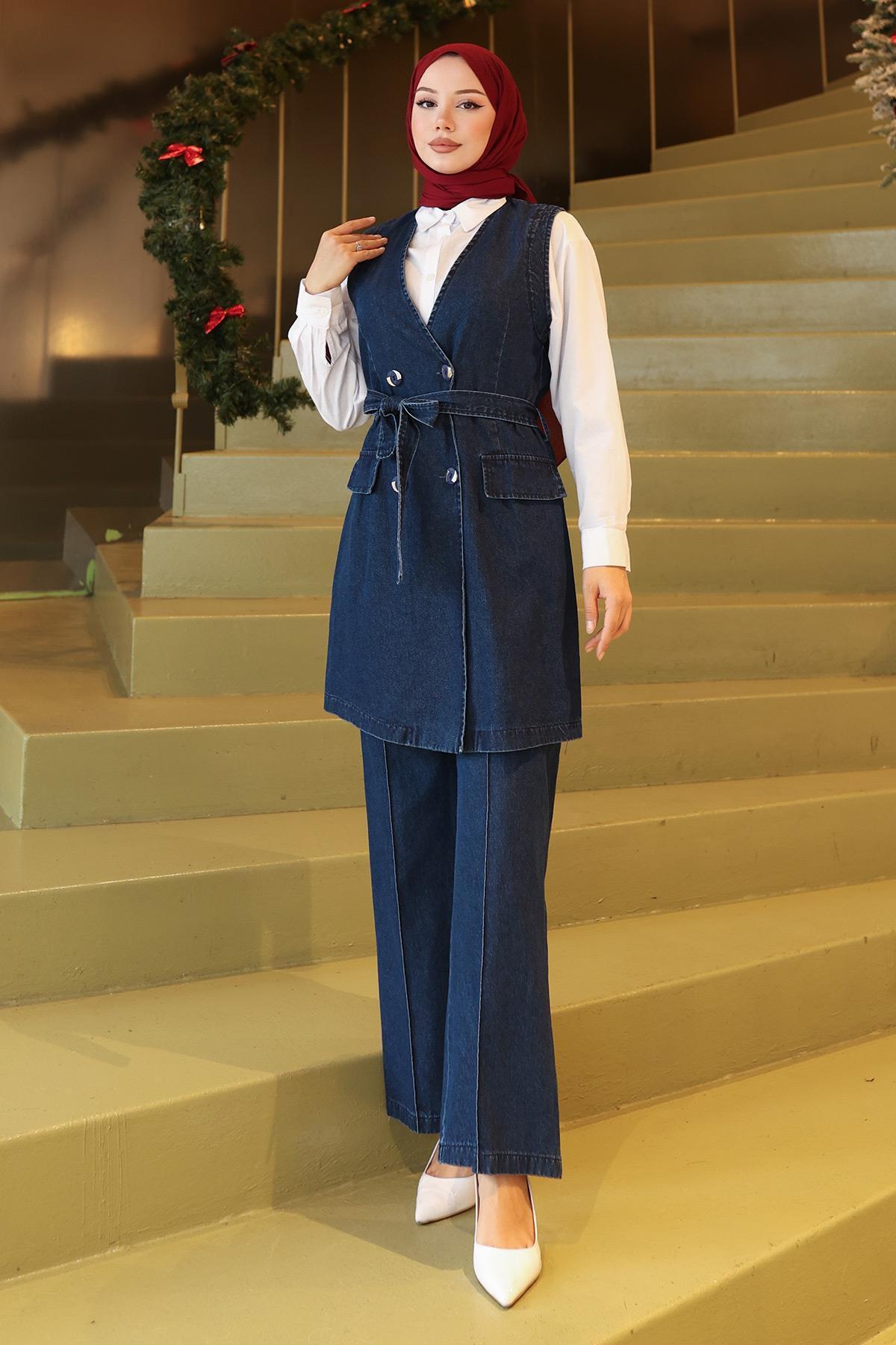 ModaMihram Belt Detail Double Denim Set Dark Blue 19232