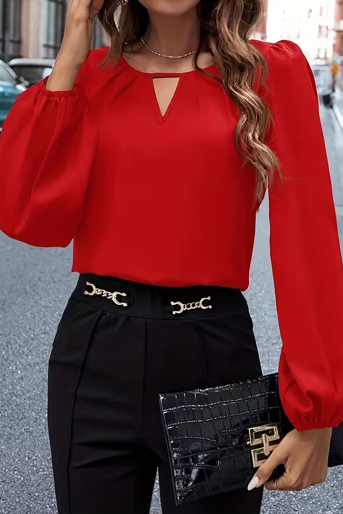 deafox  Kırmızı Dekolteli Yaka Balon Kol Krep Kumaş Bluz - Görsel 3