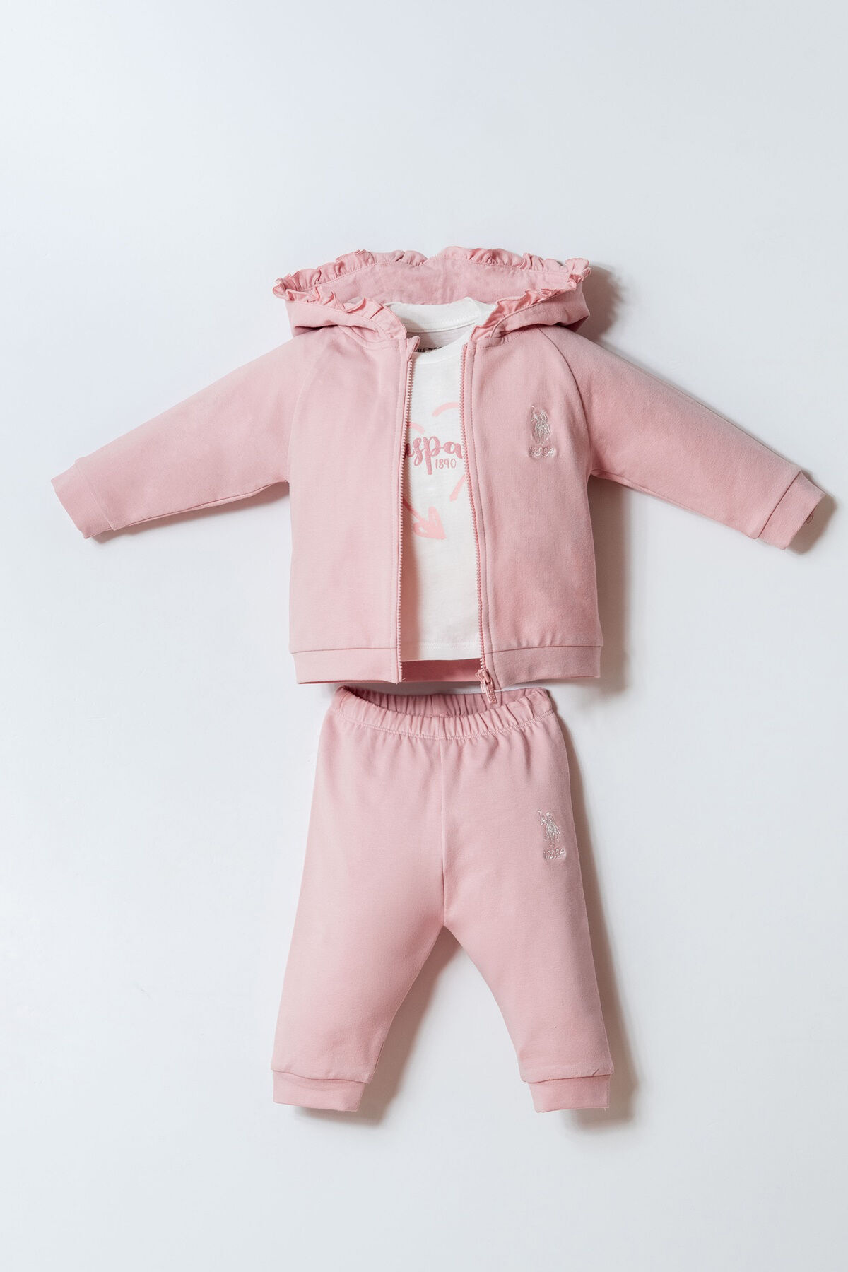 U.S. Polo Assn. Baby Girl Crew Neck Embroidered Summer Regular Fit Pink 3-Piece Baby Set Usb2975-C-V1