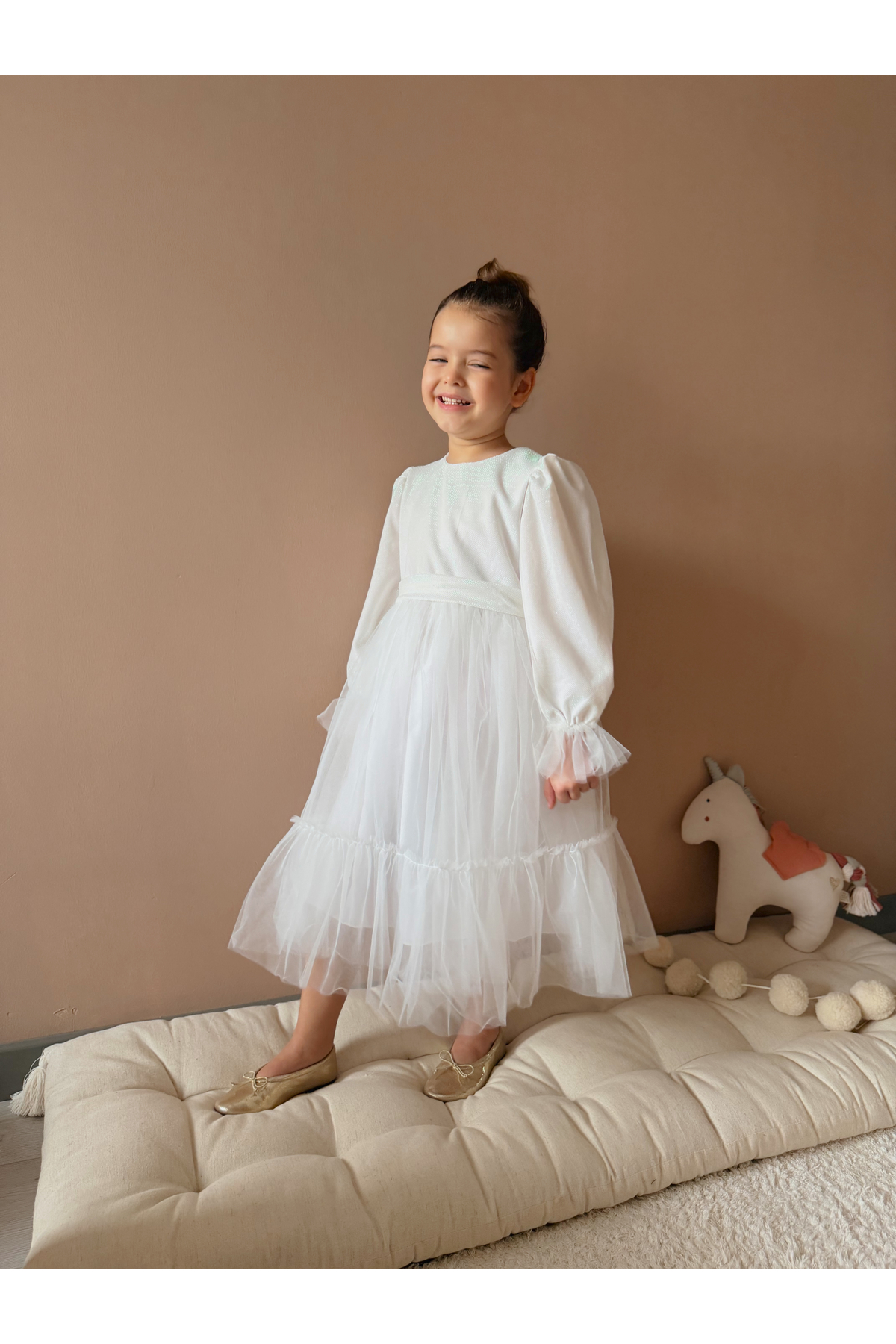 penu baby kids Beyaz Eteği Tül Fırfırlı Kemerli Kol Ucu Tül Detaylı Uzun Kol Kız Çocuk Kız Bebek Elbise fotoğrafı 2 (önizleme)