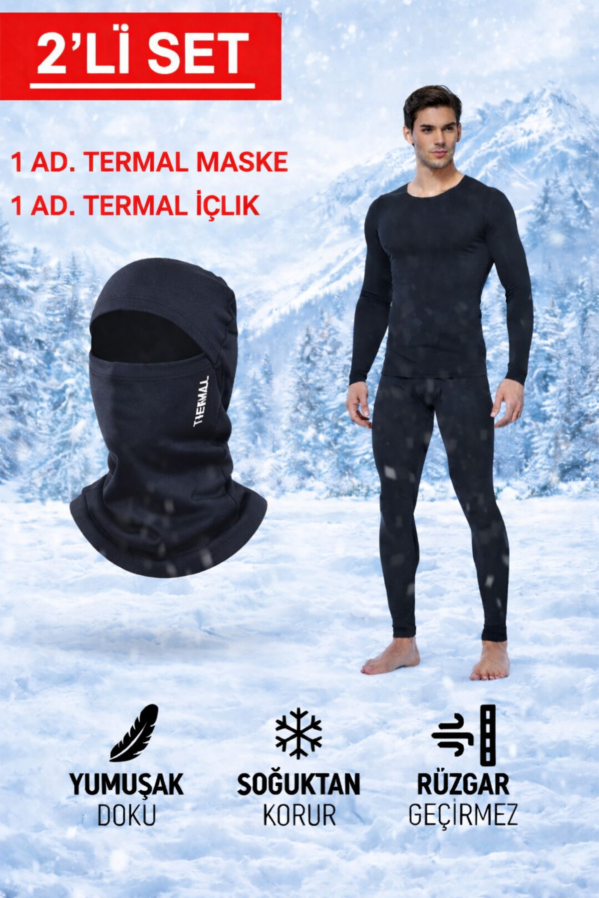 RDK Giyim 2'li Set Kışlık Termal Alt Üst Takım, Termal Maske Set