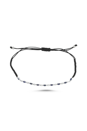 9YirmiBeş 925 Ayar Gümüş Safir Renkli Taşlı Siyah İpli Ayarlanabilir Kadın Bi...