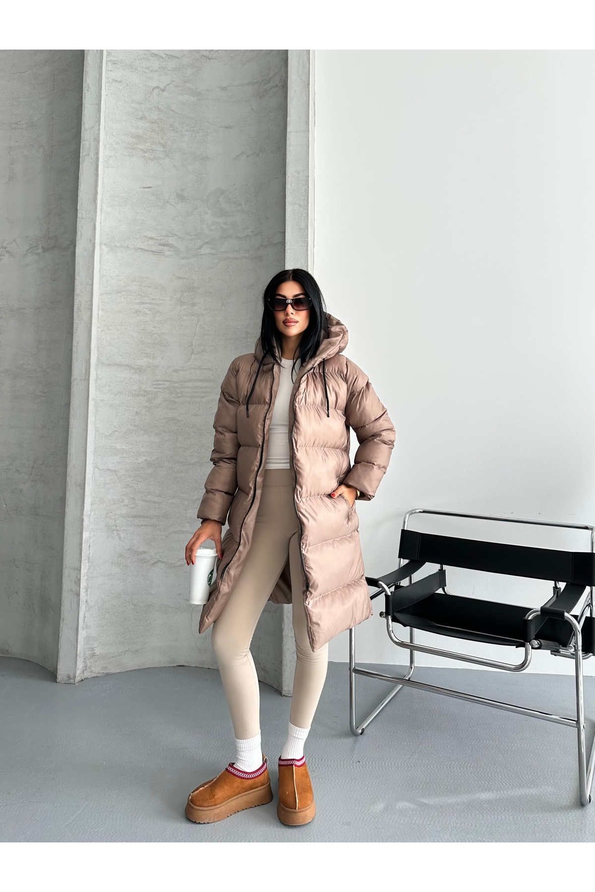 Fashionbox palton lung de damă cu umplutură cu gel, cu cu glugă fermoare, 253333