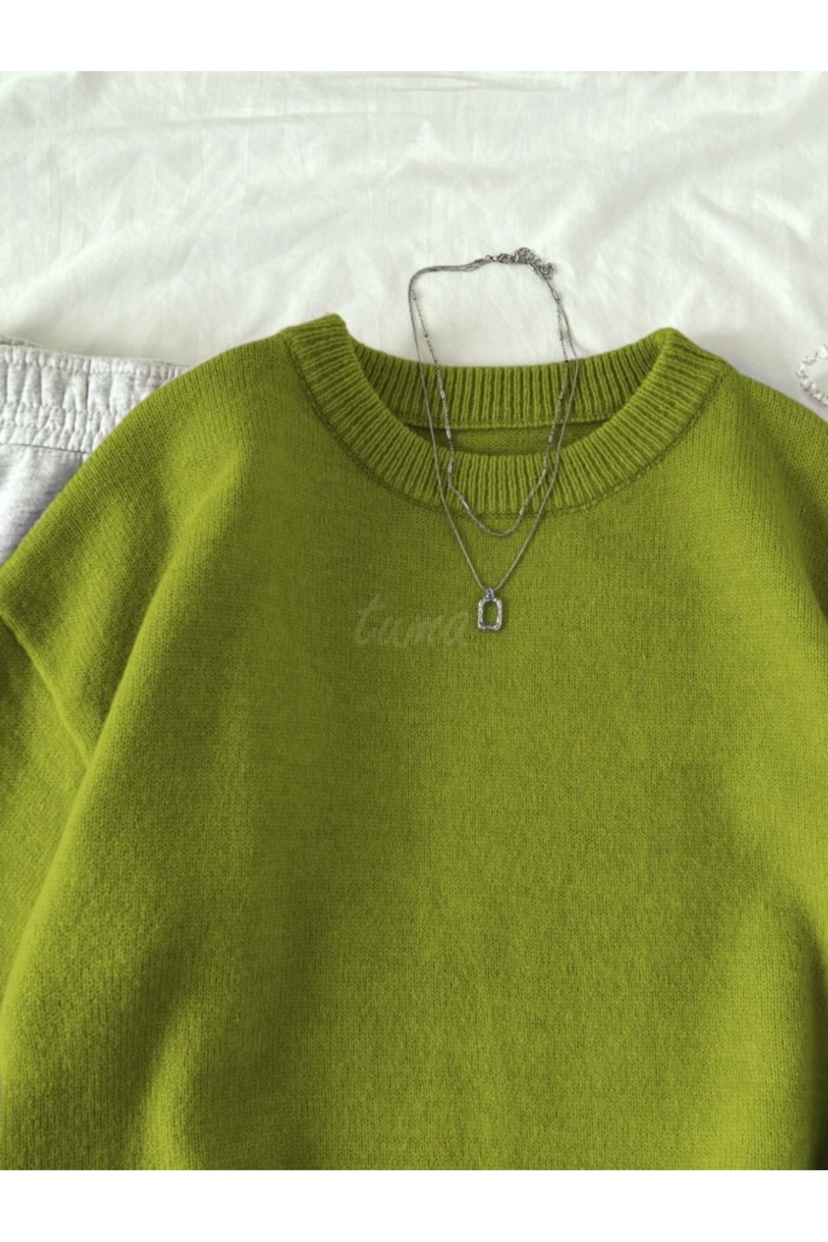 TUMA  Kadın Yağ Yeşili Bisiklet Yaka Oversize Triko Kazak, Kadın Kazak Tuma1978 - Görsel 4