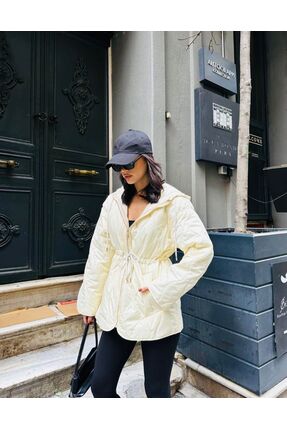 ONE SNOWFLAKE Krem renkli kadın kapitone kapüşonlu mont