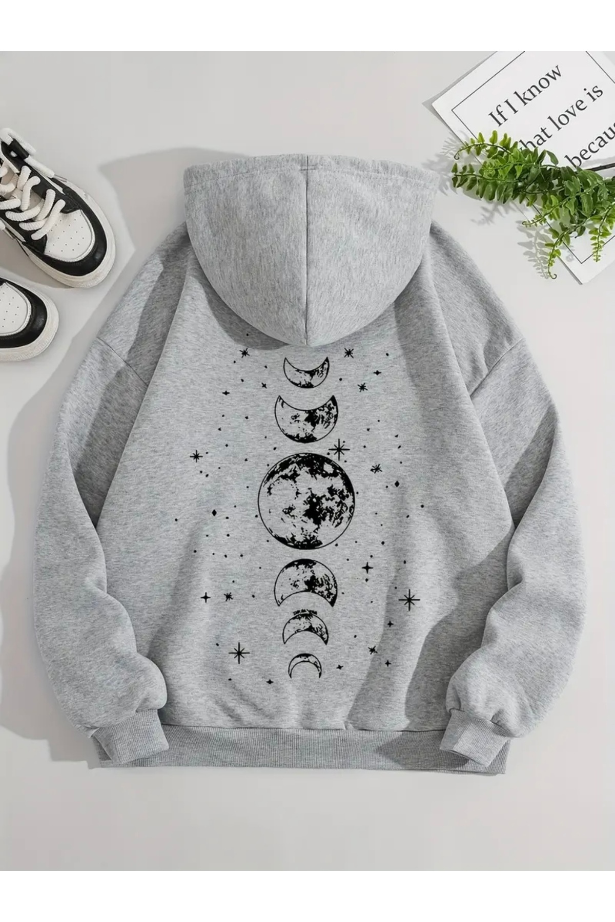 FUFLUNS AY BASKILI OVERSİZE UNISEX KADIN/ERKEK KAPÜŞONLU SWEATSHİRT