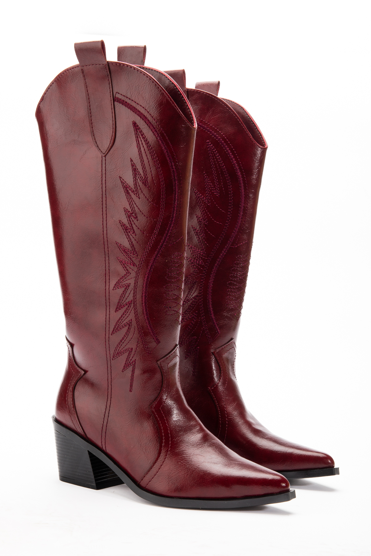 DENORA  Bordo Mat Cilt Nakışlı Western Kovboy Cowgirl Bot Çizme