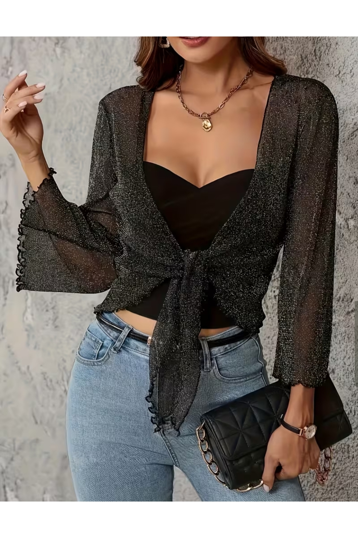 Tura Butik  Simli İspanyol kol bağlamalı tül bolero