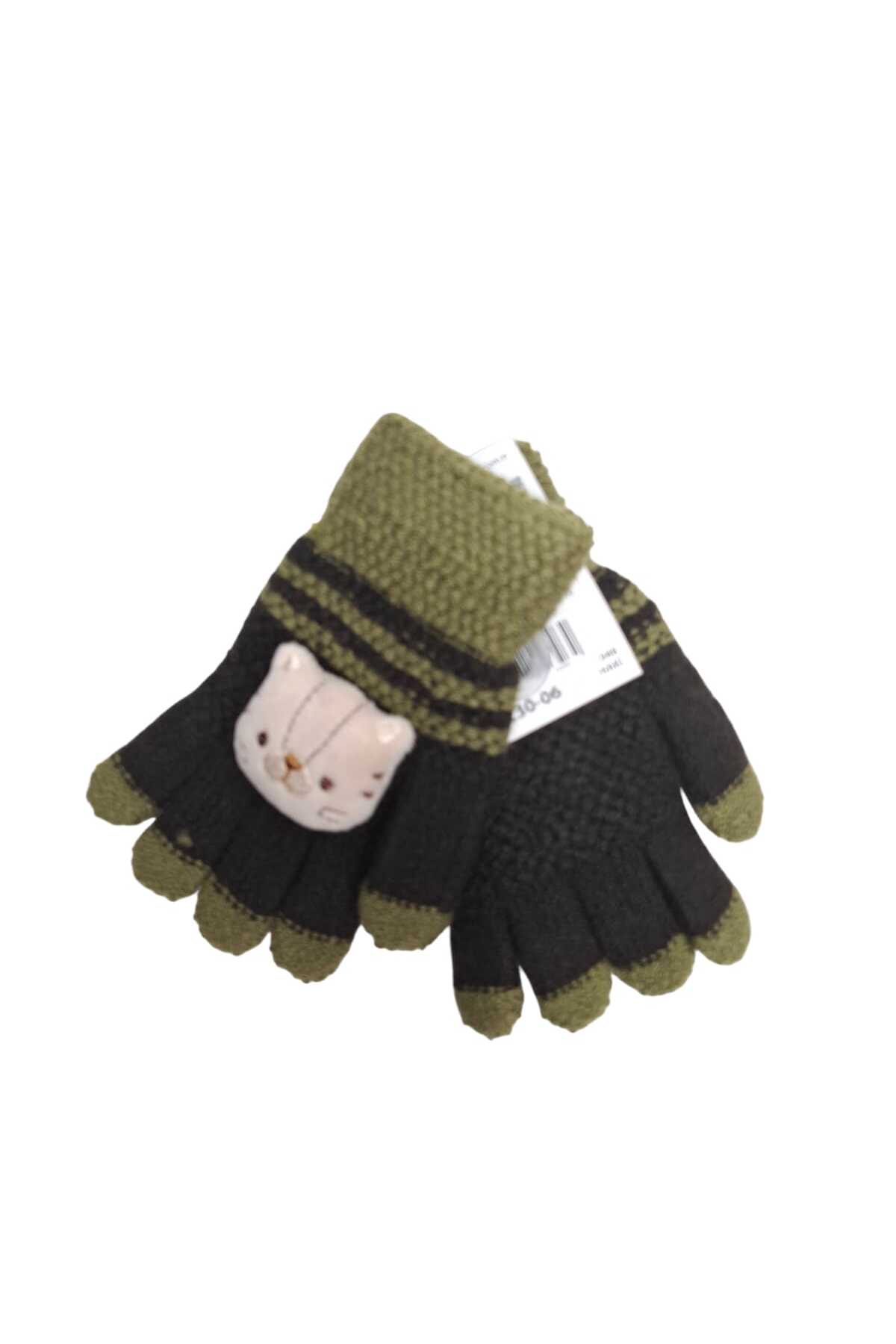 Kitti Spteks 4-8 Yaş Erkek Çocuk Haki Yeşil Renk Ayıcık Figürlü Kışlık Örme Eldiven fotoğrafı 5 (önizleme)