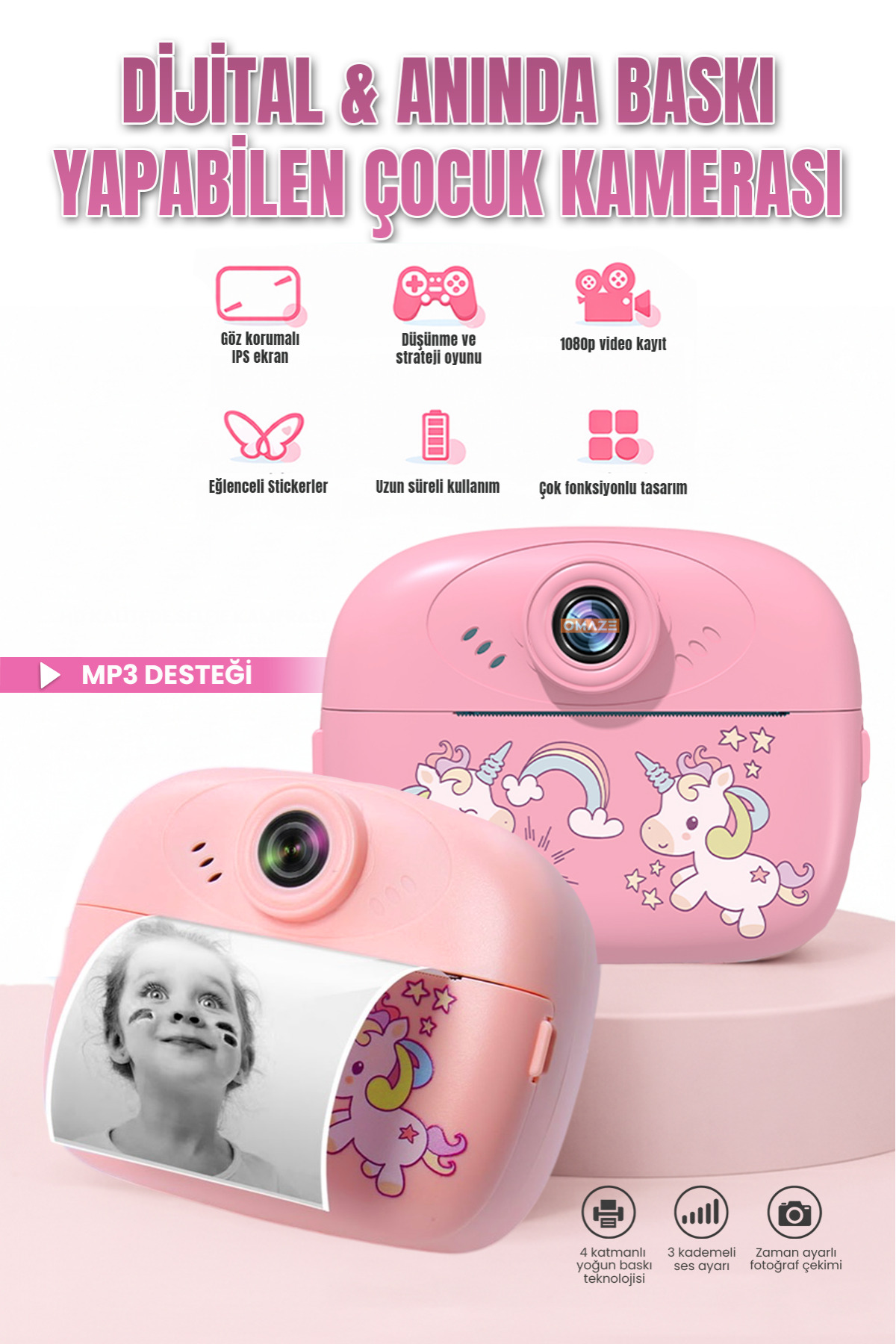 Digital Camera with Printing Pink Thermal Printer Kids Camera Video Machine
