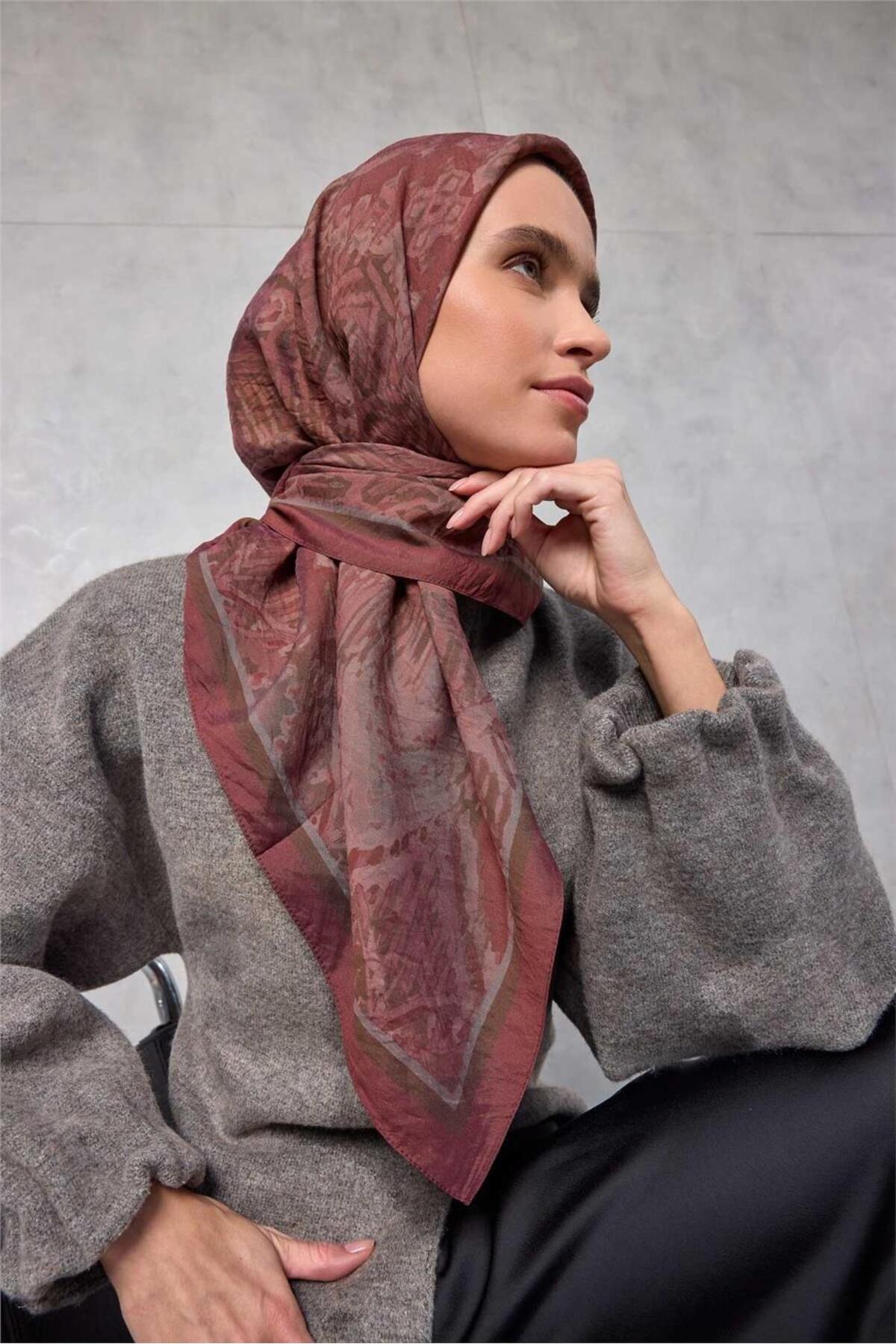 Viscose Velora Scarf Four Seasons Mixed Pattern Tile Claret Red 90x90