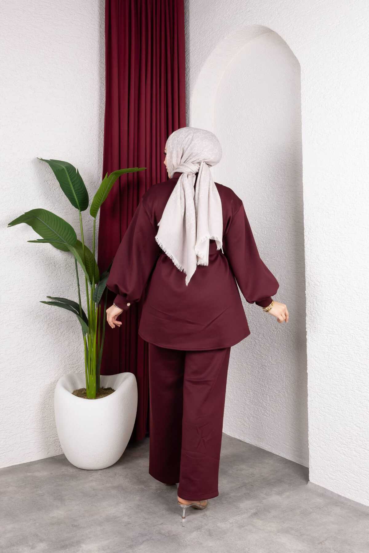 Weak Blue  Şık Tesettür Tunik Pantolon Takım – Kuşaklı Düğmeli Uzun Kollu İkili Takım - Görsel 7