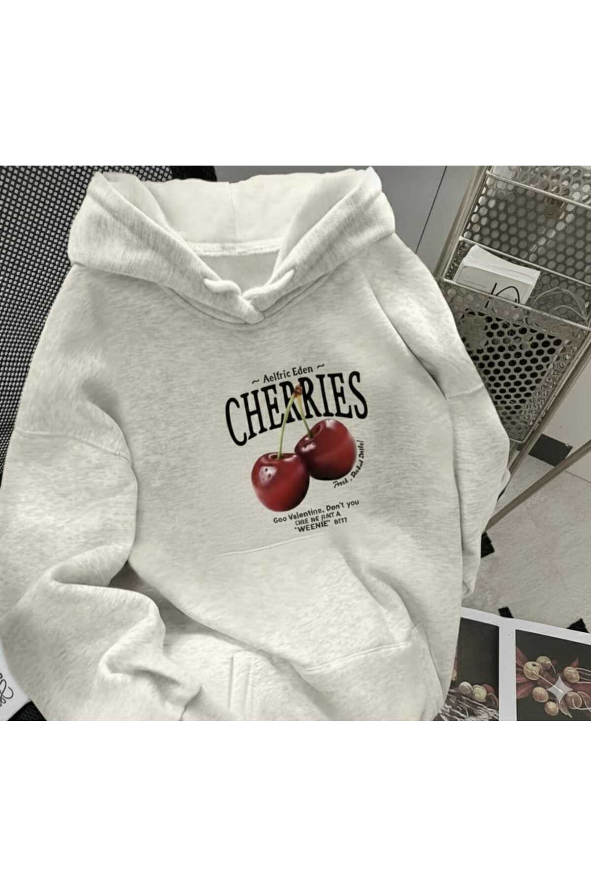 COHERENT Unisex Erkek/Kadın CHERRIES Renkli Özel Baskılı Pamuklu Oversize Kapüşonlu Sweatshirt