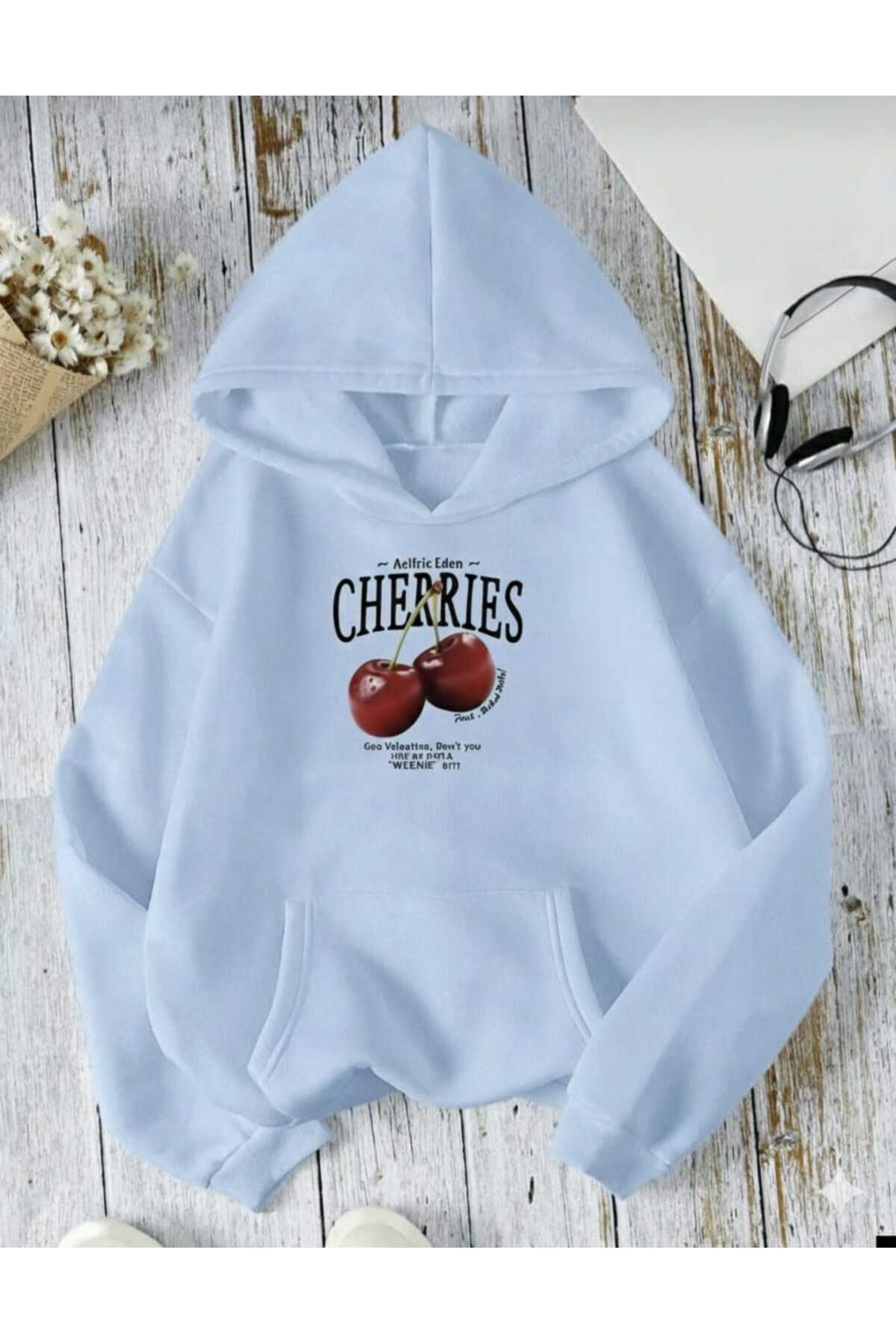Unisex Erkek/Kadın CHERRIES Renkli Özel Baskılı Pamuklu Oversize Kapüşonlu Sweatshirt — رنگارنگ CHERRIES-KAPŞON-COHERENT-