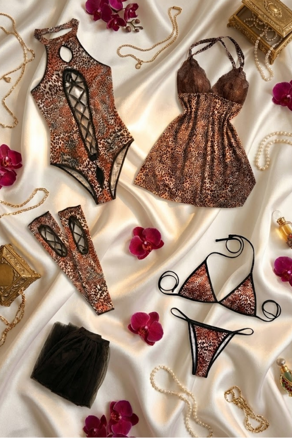 ZENCHES Kadın 7 Parça Leopar Çeyiz Seti - Kostüm,Gecelik,Sütyen Takımı