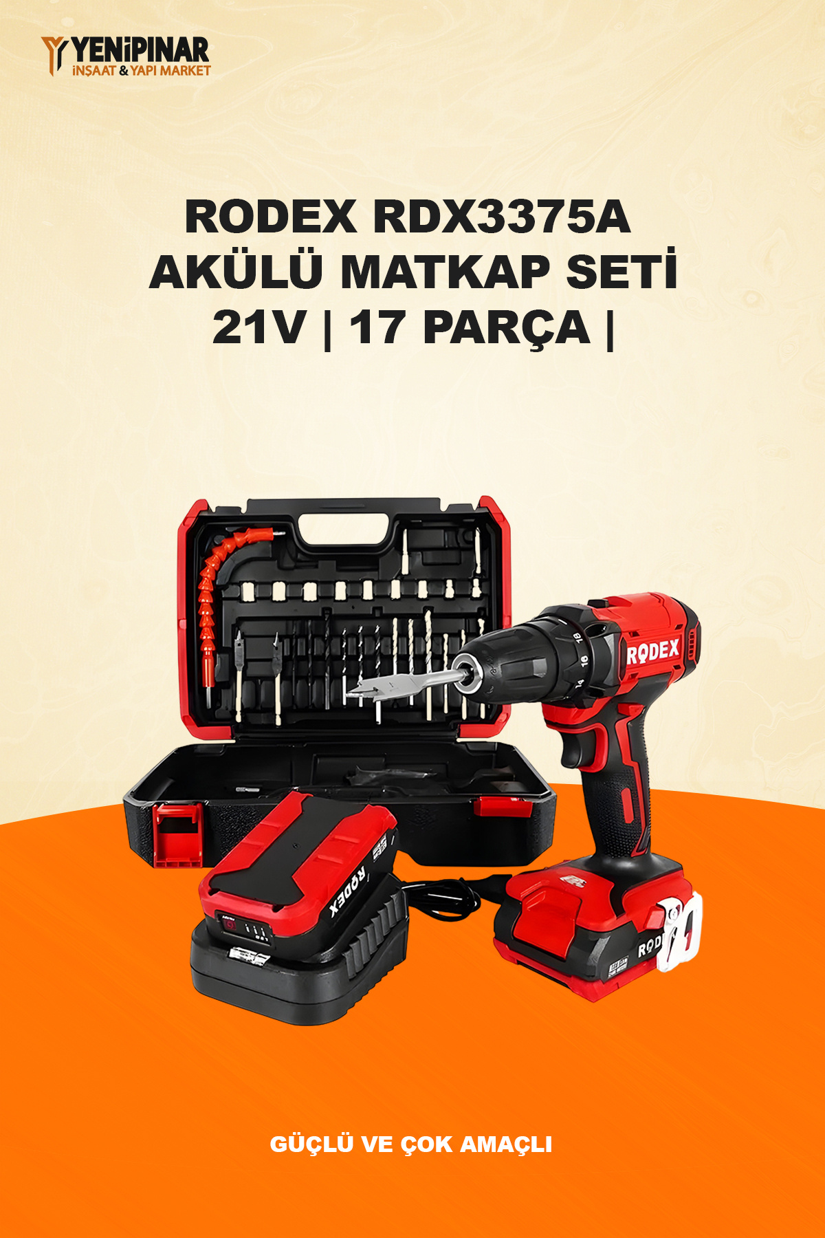 Rodex RDX3375A Akülü Matkap Seti | 21V | 17 Parça | Güçlü ve Çok