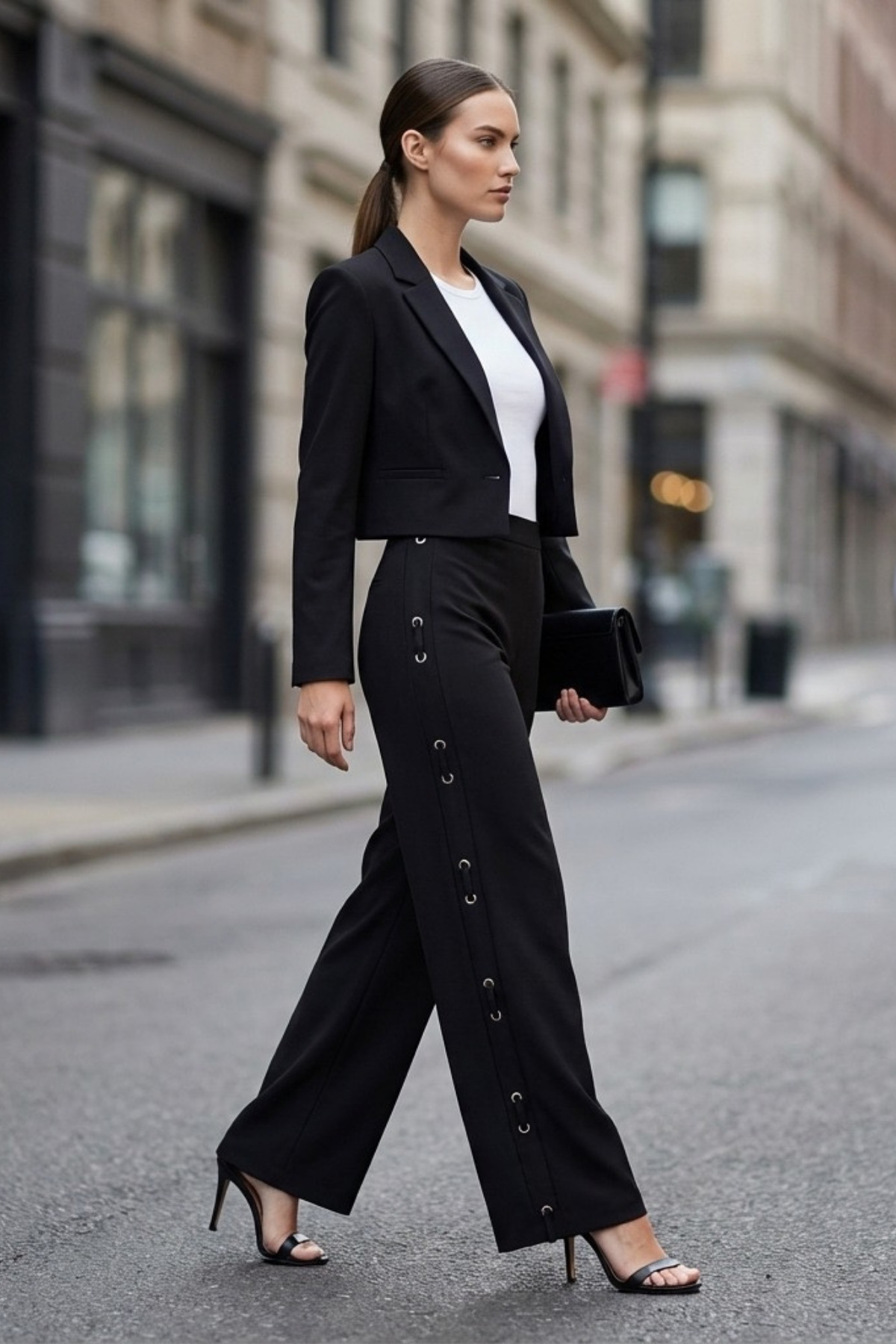 Grenj Fashion  Siyah Çelik İnterlok Kuşgözü Detaylı Örme Pantolon - Görsel 4