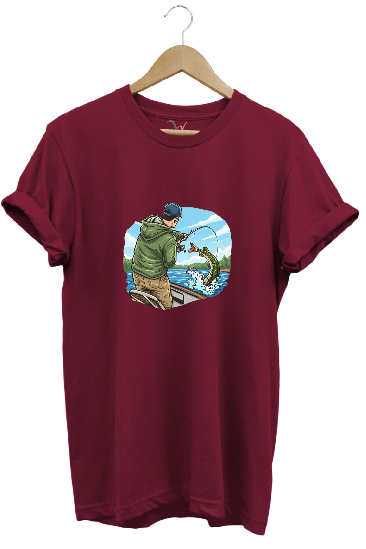 Fishing Fishing Boat Fishing with Fishing Line Printed 100% Cotton Regular Fit Crew Neck T-shirt