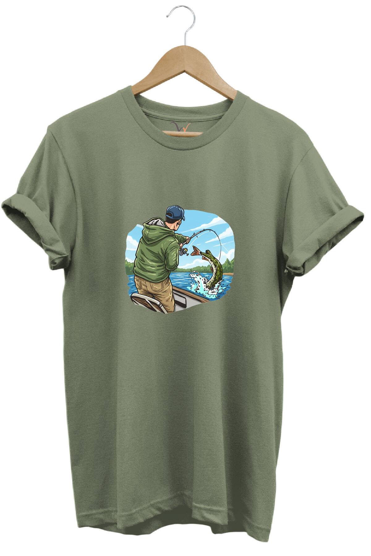Fishing Fishing Boat Fishing with Fishing Line Printed 100% Cotton Regular Fit Crew Neck T-shirt