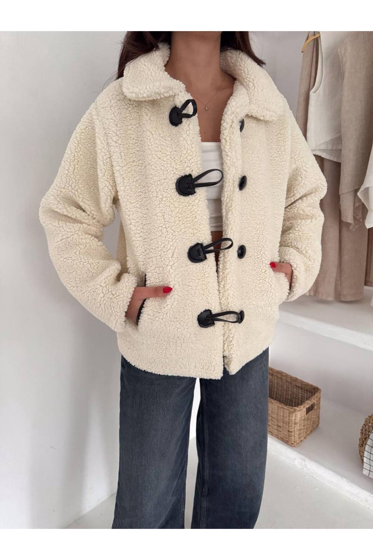 Noa&Noa Kadın Ekru Peluş Mont Comfort Kalıp Düğmeli Ceket görsel 4