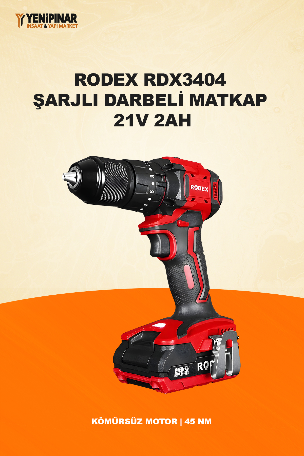 Rodex RDX3404 Şarjlı Darbeli Matkap | 21V 2Ah | Kömürsüz Motor