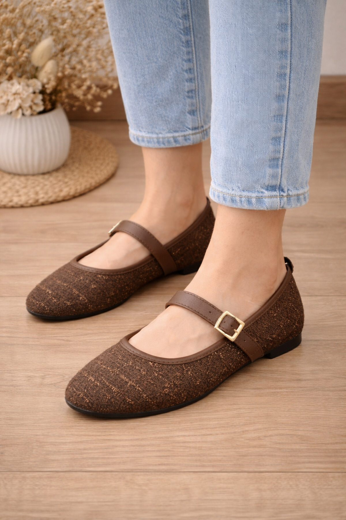 modastilin  Modasitilin Tüvit Kumaş Babet Şık Tokalı Ortopedik Taban Günlük Rahat düz taban babet Rahat Taban - Görsel 3