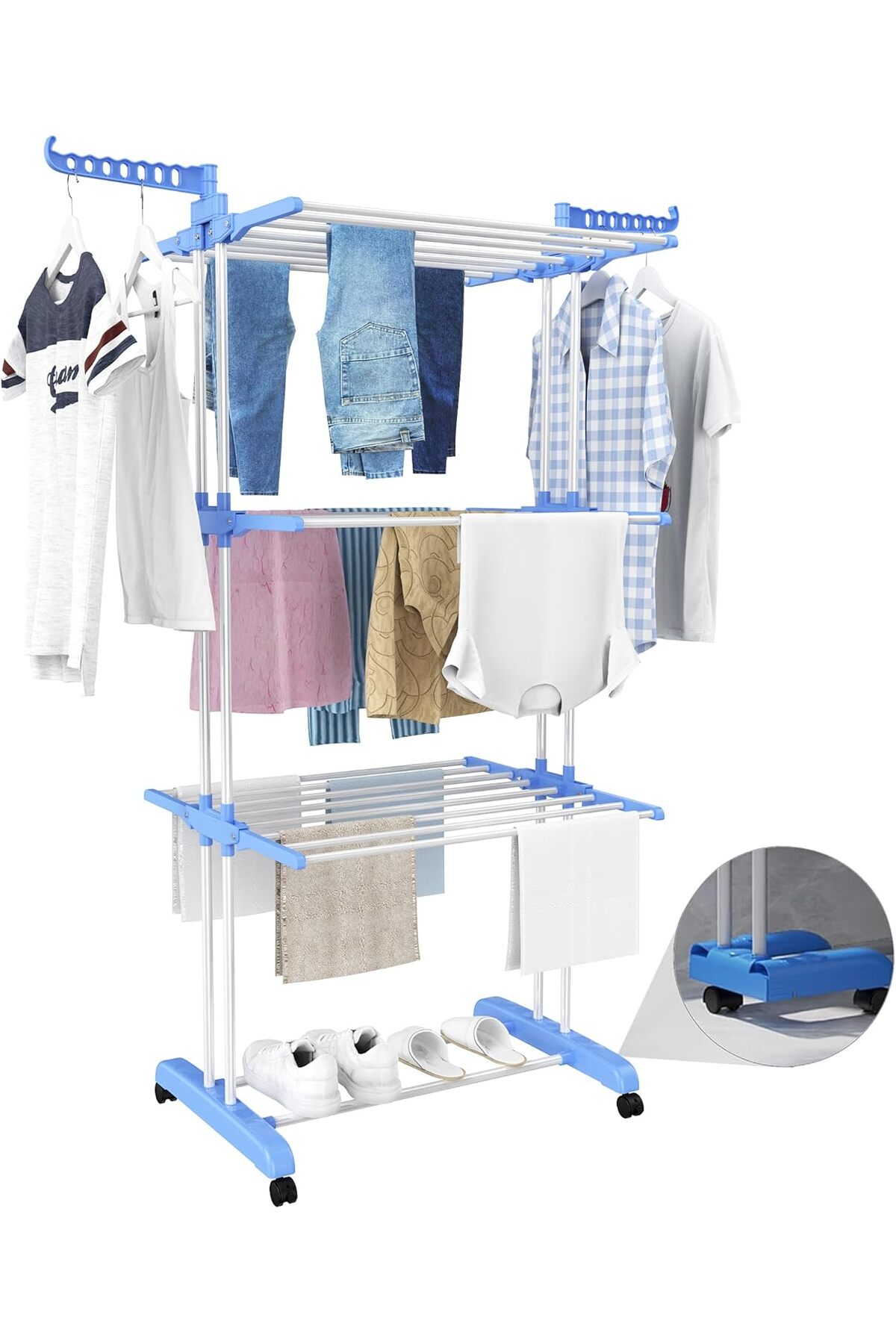 منشر غسيل ورف تجفيف الملابس قابل للطي من 4 طبقات كبير الحجم للاستخدام الداخلي والخارجي لون ازرق