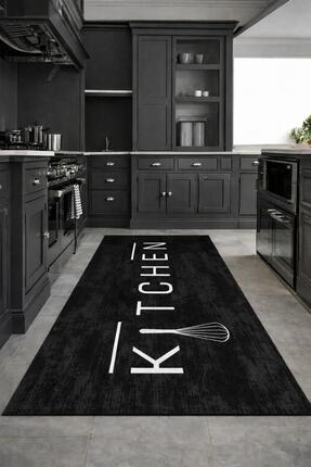 DGK Dijital Baskılı Siyah Kitchen Yazılı Makinada Yıkanabilir Kaymaz Taban Mu...