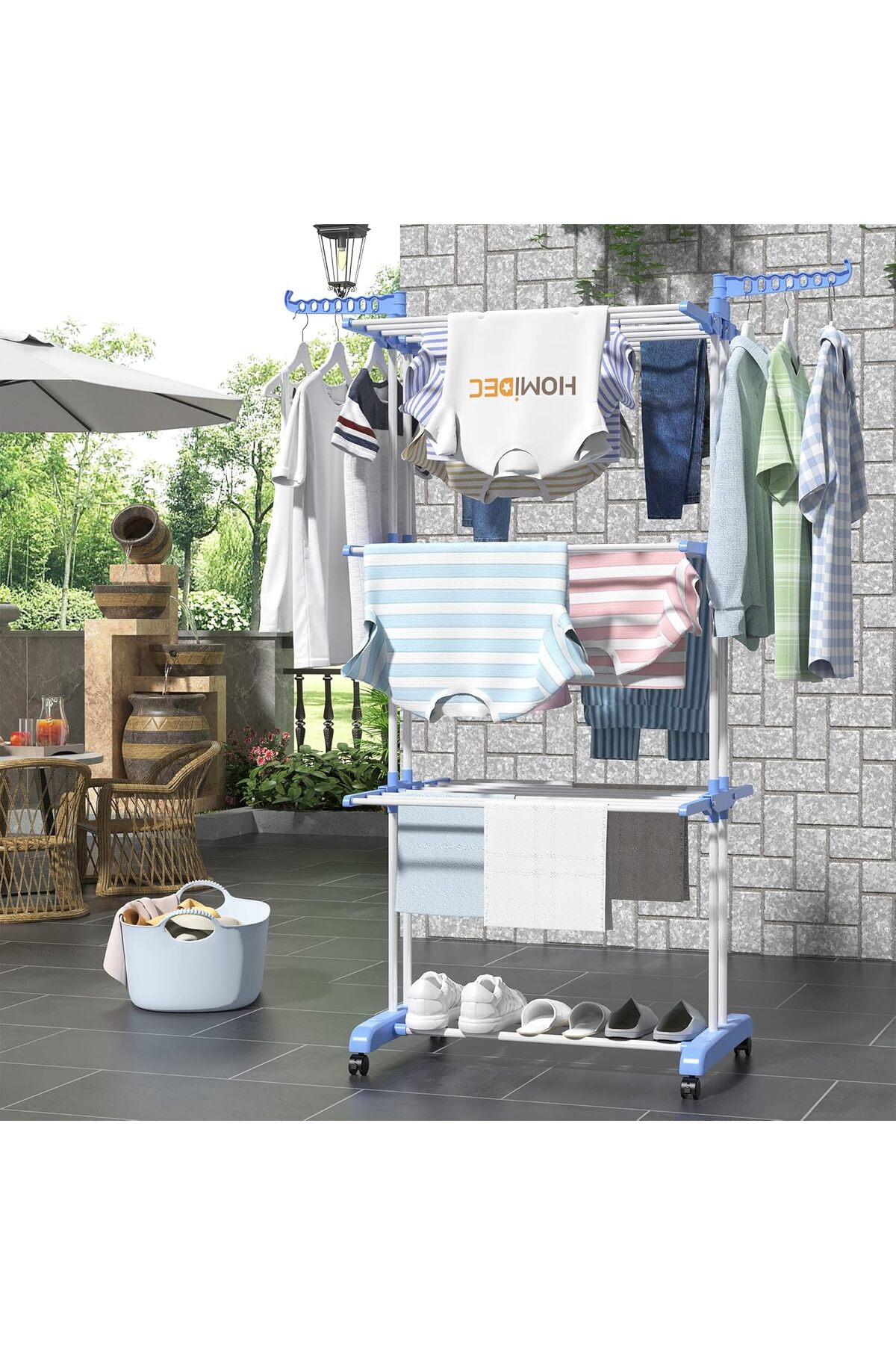 منشر غسيل ورف تجفيف الملابس قابل للطي من 4 طبقات كبير الحجم للاستخدام الداخلي والخارجي لون ازرق