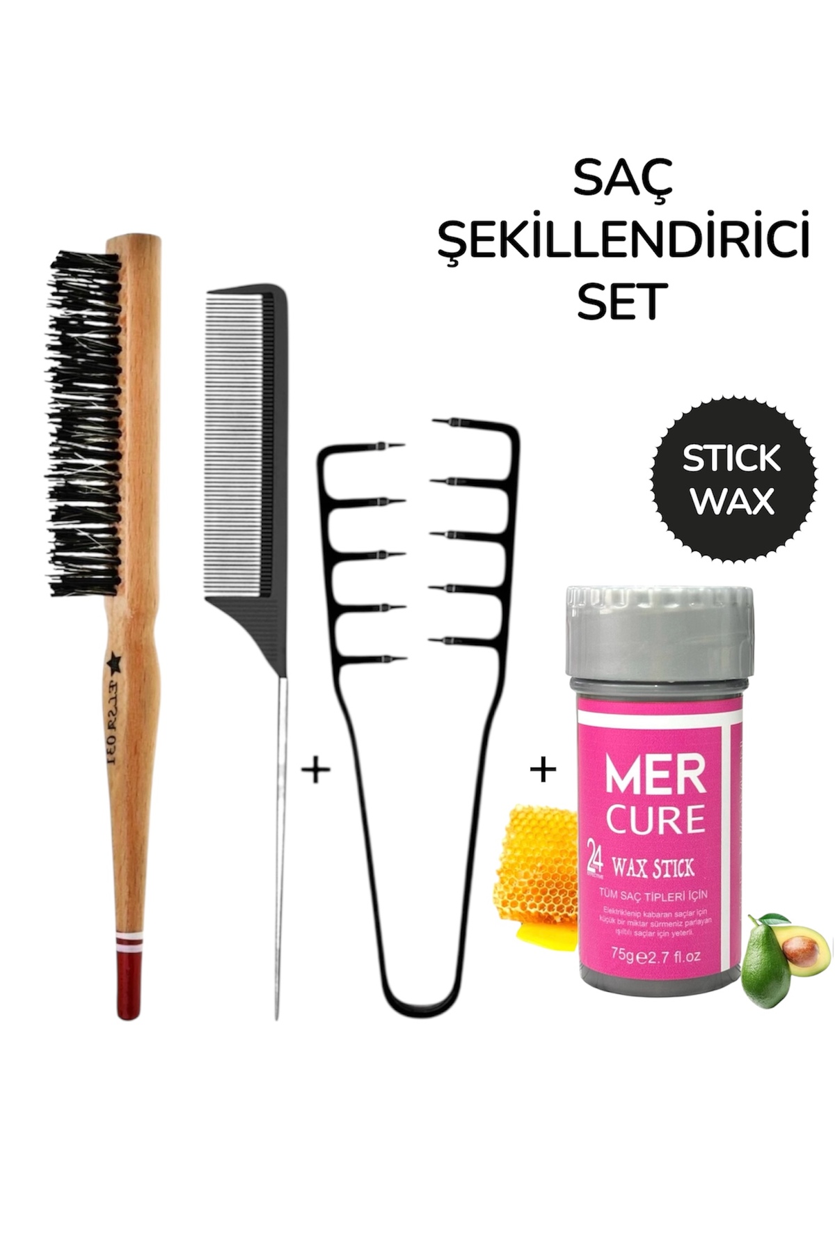 Mercure Hair Wax Stick 75 gr Saç Sabitleyici + Topuz Fırçası + Mucize Tarak — 04491