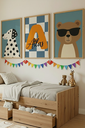 varje Kişiye Özel Çerçeveli 3’lü Tablo Seti, Çocuk Odası İçin Dalmaçyalı ve A...