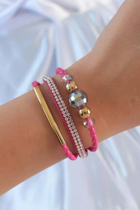 blackpure Pembe Renk Zirkon Taşlı Deri Çoklu Bileklik