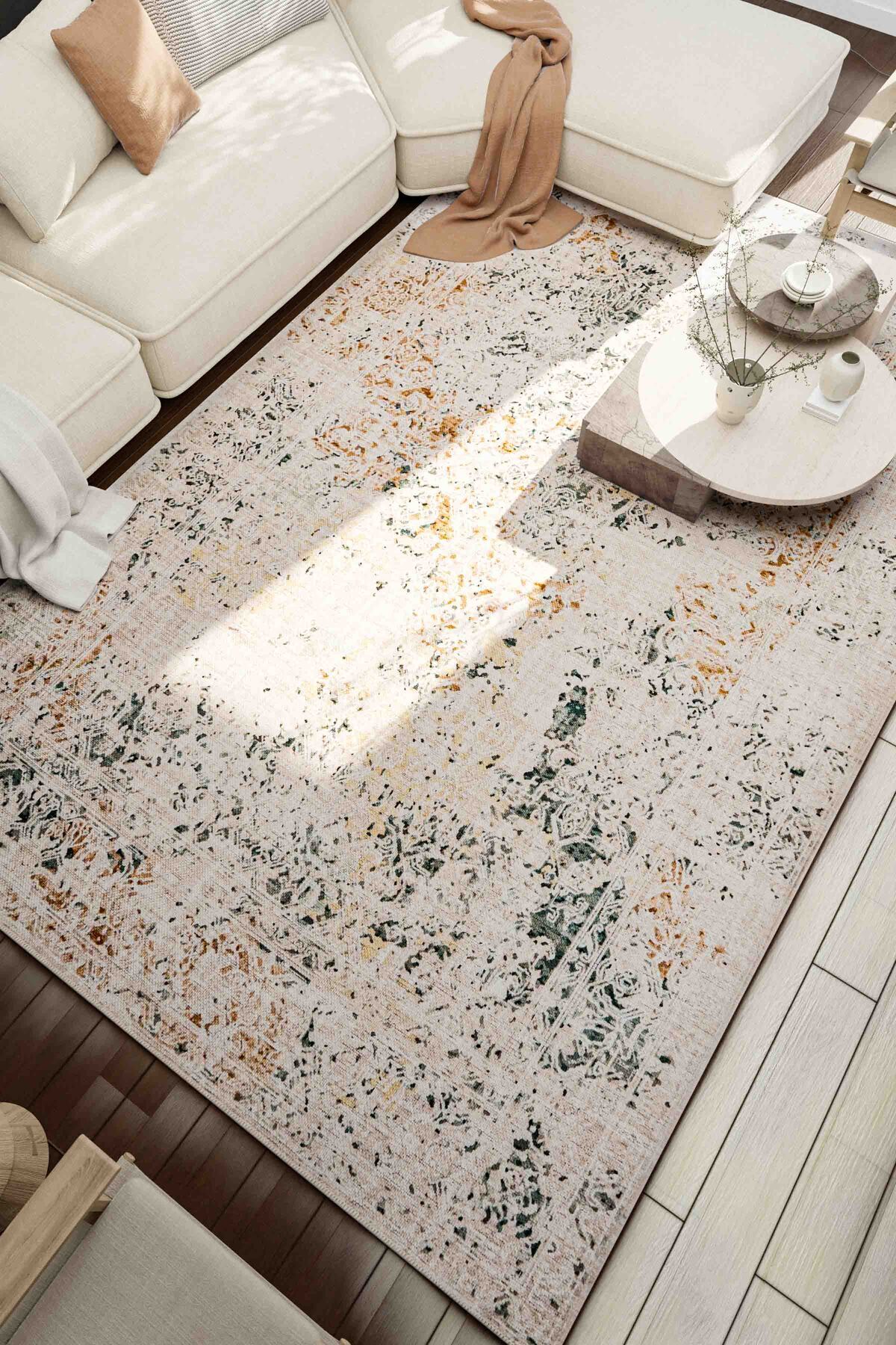 Ethnic Patterned Machine Rug Washable Non-Slip Base Cream Green Chenille Lounge Rug 4198