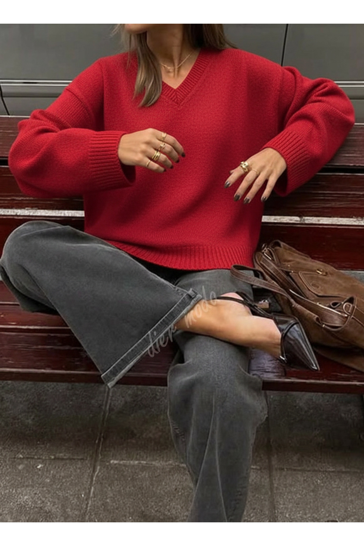 Dier Moda  Kadın Kırmızı V Yaka Oversize Triko Kazak, Triko Kazak Fmoda1970 - Görsel 3
