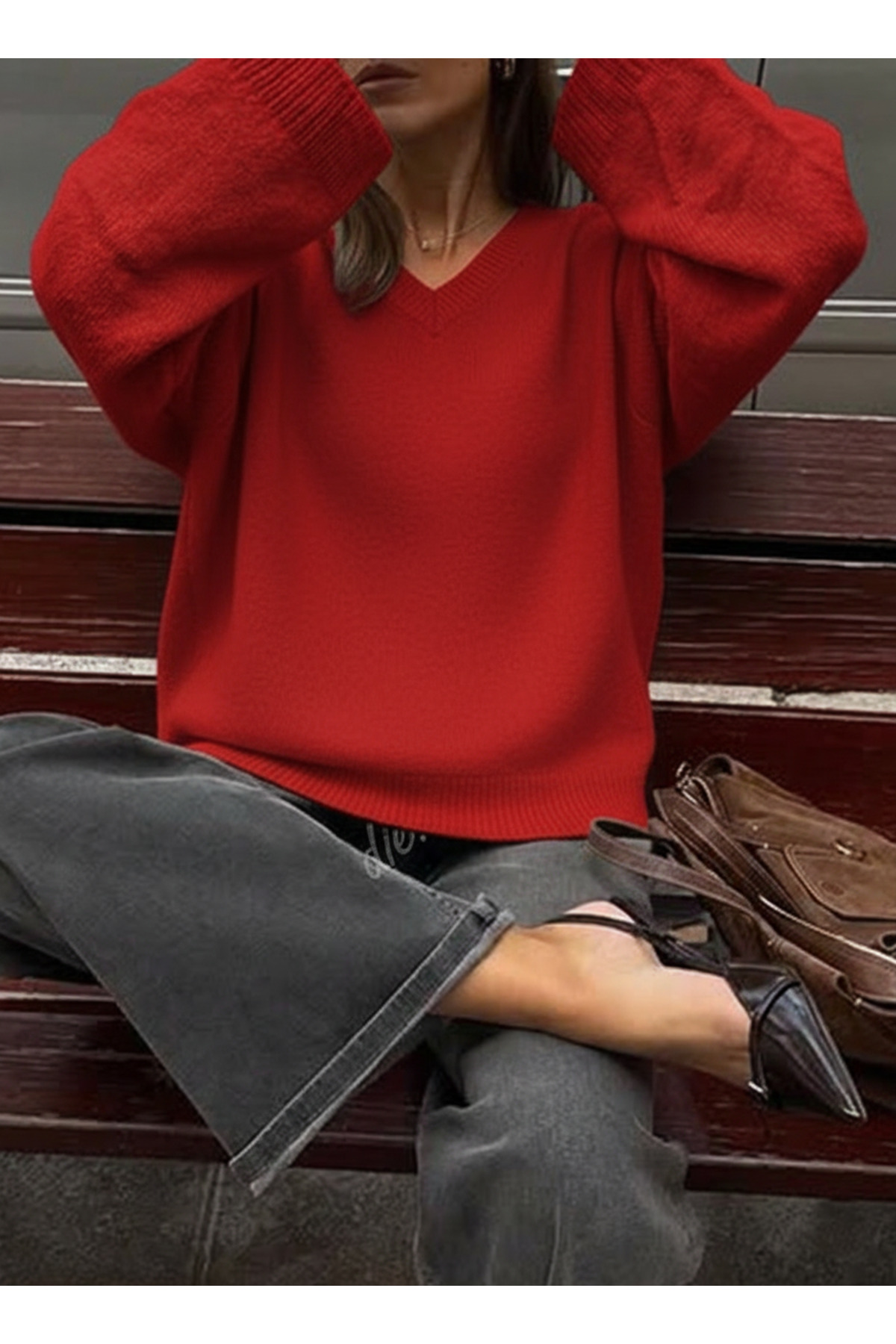Dier Moda  Kadın Kırmızı V Yaka Oversize Triko Kazak, Triko Kazak Fmoda1970 - Görsel 4
