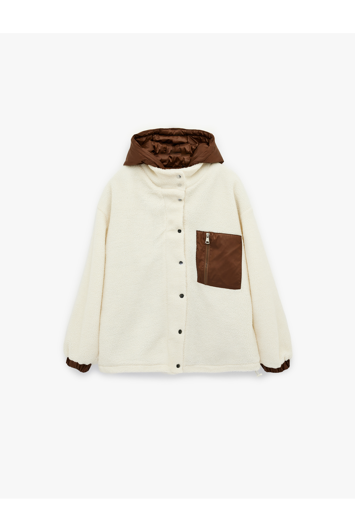 Koton Kapüşonlu Çıtçıt Düğmeli Cep Detaylı Kapitoneli Peluş Oversize Ceket görsel 3