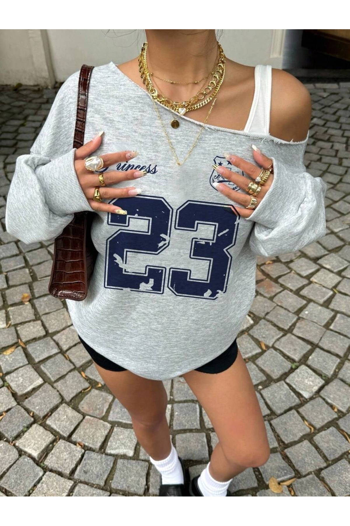 OVER HEAD  Kadın Princess 23 Baskılı Kayık Yaka Oversize Sweatshirt - Görsel 3