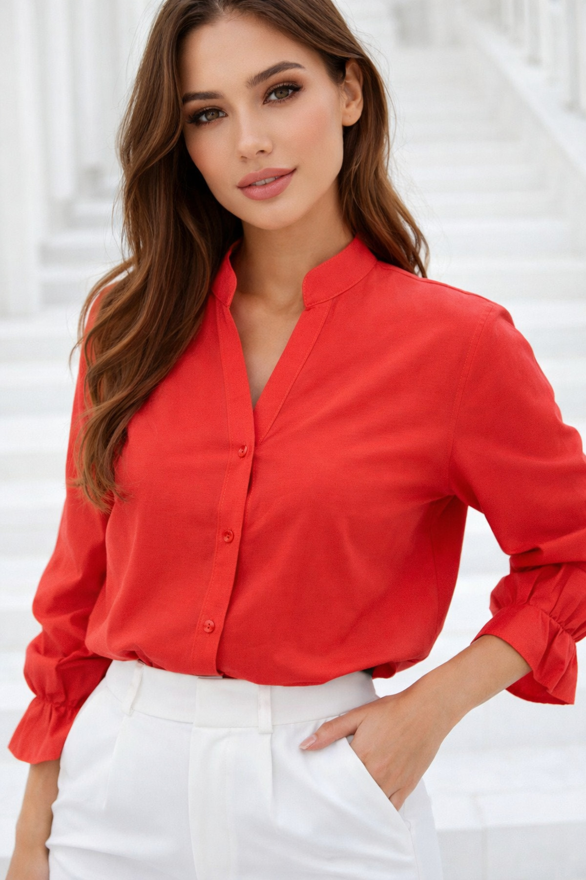 Rich  Kadın Nar Çiçeği Oversize Modal Kumaşlı Lastik Kollu Hakim Yaka Gömlek - Görsel 4