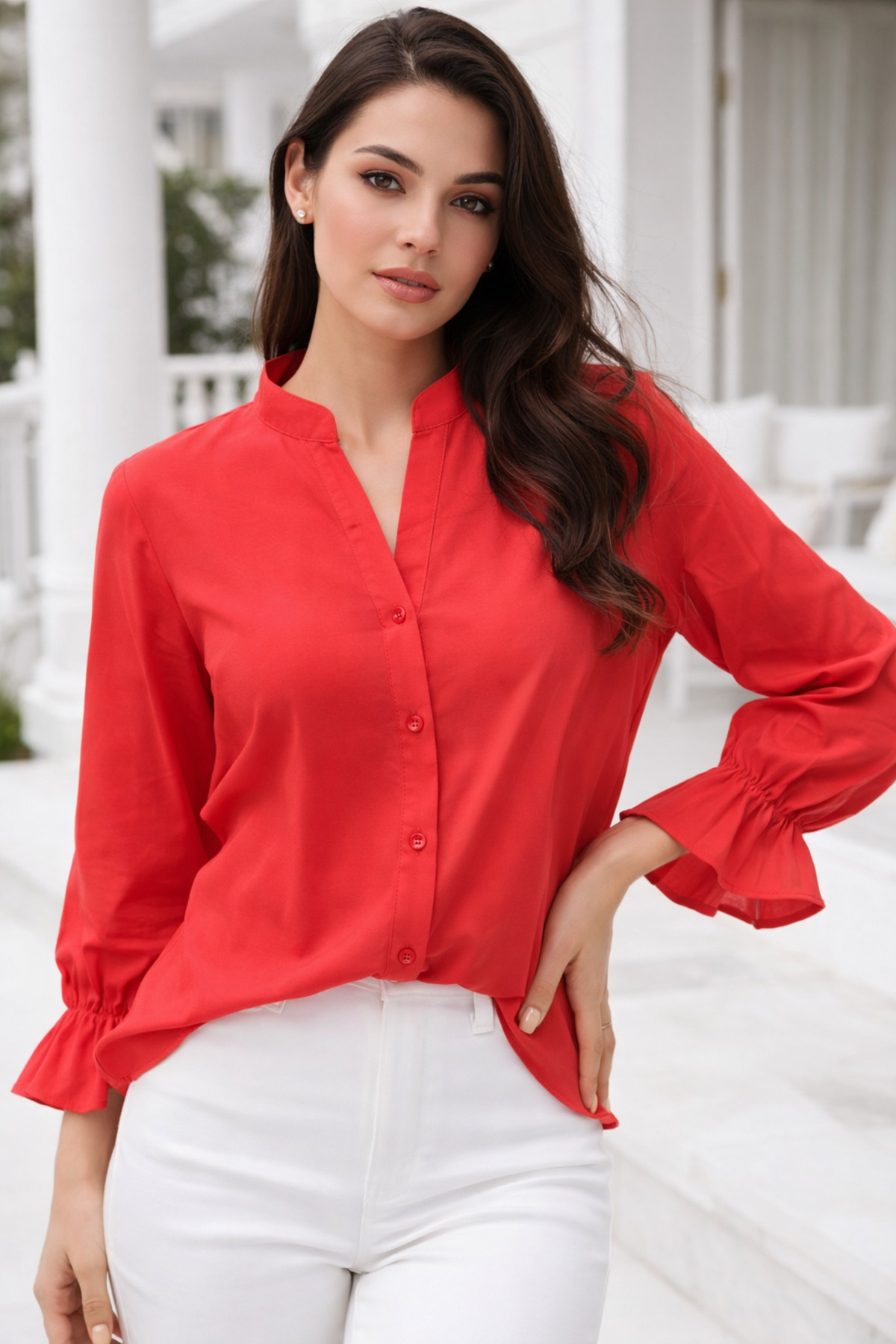 Rich  Kadın Nar Çiçeği Oversize Modal Kumaşlı Lastik Kollu Hakim Yaka Gömlek - Görsel 3