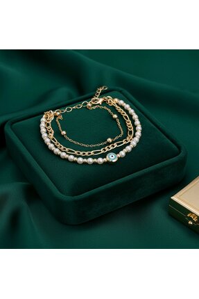 VALENTRA İnci Detaylı Nazar Figürlü Çoklu Bileklik – Gold Renk