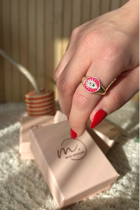 MazeAksesuar Minimalist Fuşya Nazar Boncuğu Figürlü Yüzük