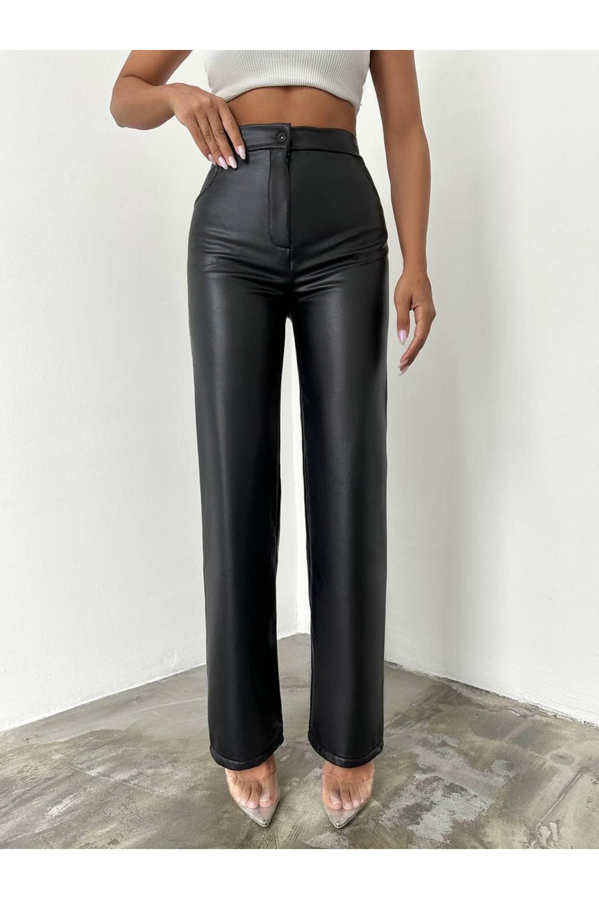 Lighter Jeans  Kadın Yüksek Bel Deri Pantolon Siyah - Görsel 2